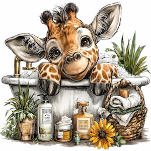 May include: A whimsical illustration of a giraffe enjoying a bubble bath. The giraffe, with its distinctive brown and tan spots, is in a white bathtub with gold fixtures. The scene includes bath products, plants, and a basket of towels, creating a spa-like atmosphere.