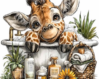 15 PNG Giraffe Bath Clipart – Bubble Bathtub Animal Art for Nursery Decor, Crafts, Stickers, Invitations, Cards, Sublimation Design