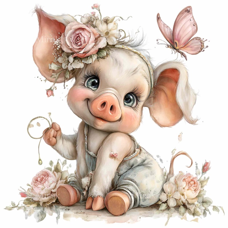 May include: A charming illustration of a piglet wearing a floral crown and overalls, with a smiling expression. A pink butterfly hovers nearby. The piglet is surrounded by pink roses and greenery, creating a whimsical and adorable scene.