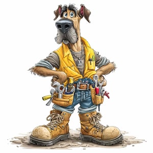 Puede incluir: Personaje de perro de dibujos animados vestido como trabajador de la construcción, con chaleco amarillo, cinturón de herramientas y botas de trabajo. El perro tiene una nariz grande, bigote gris y está de pie con las manos en las caderas. Las herramientas incluyen llaves, destornilladores y un martillo.