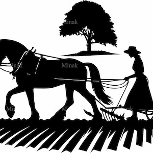 5 archivos SVG de corte de escena de arado de caballo / Silueta de mujer con caballo / Vector de trabajo de campo rural para Cricut, vinilo, manualidades láser