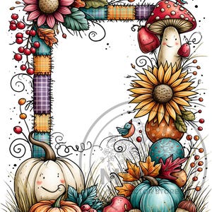 Puede incluir: Un marco decorativo rectangular con un borde de patchwork adornado con girasoles, bayas rojas y hojas de otoño. La parte inferior incluye dos calabazas, una calabaza verde azulada, manzanas rojas y setas sonrientes.