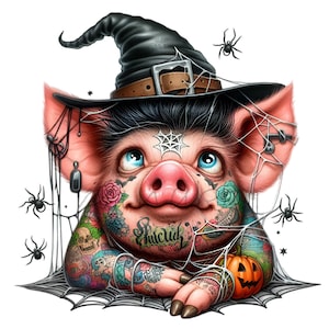 12 PNG Tattoo Halloween Schwein - Hexenhut Schwein PNG Clipart - Lustige Herbst Sublimation für Shirts, Aufkleber, Bauernhaus Dekor
