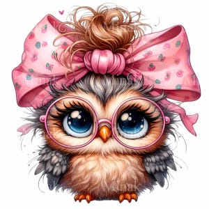 May include: A cartoon owl with large blue eyes wearing pink round glasses and a pink bow in its hair.
