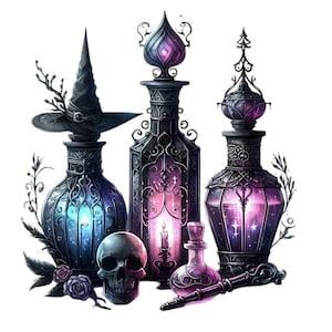 Puede incluir: Tres botellas de vidrio adornadas con líquidos brillantes de color morado, rosa y azul. Las botellas tienen intrincados diseños de metal y están coronadas con tapas ornamentadas. También hay un sombrero de bruja y una calavera en la imagen.