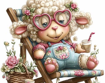 15 PNG Cute Sheep on Deck Chair Clipart, Relaxed Lamb with Coffee & Heart Sunglasses, Summer Farm Animal Digital Download