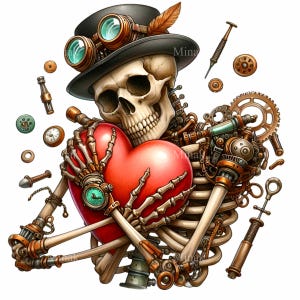 9 PNG Scheletro Steampunk che tiene in mano un cuore Clipart, Teschio meccanico con ingranaggi e cappello a cilindro, Illustrazione gotica di San Valentino