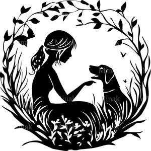 5 Girl and Dog SVG Cut File - Silhouette of Girl with Loyal Dog, Nature Frame for Cricut Projects and DIY Crafts