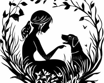Archivo de corte SVG de 5 niñas y perros: silueta de niña con perro fiel, marco de naturaleza para proyectos de Cricut y manualidades de bricolaje