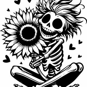5 SVG de girasol con esqueleto feliz, archivo de corte de esqueleto gótico lindo, clipart de abrazo de flor espeluznante, arte de esqueleto de Halloween
