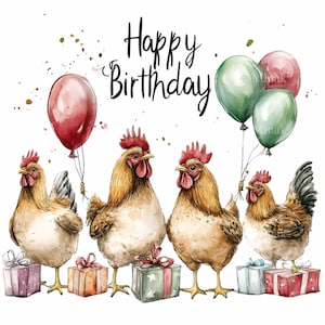 14 Clipart PNG d'anniversaire de poulet drôle avec des ballons et des cadeaux – Téléchargement numérique fête des animaux de la ferme pour les travaux manuels de célébration