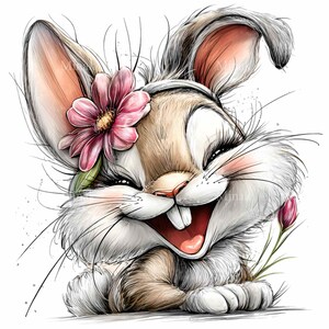 May include: A cheerful cartoon bunny with brown and white fur, a pink flower, and long eyelashes. The bunny is smiling widely, revealing its teeth and a pink tongue. A pink flower and a green leaf are behind the bunny's ear. A pink flower is in the bunny's paw.