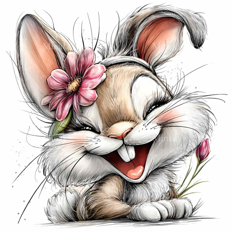 May include: A cheerful cartoon bunny with brown and white fur, a pink flower, and long eyelashes. The bunny is smiling widely, revealing its teeth and a pink tongue. A pink flower and a green leaf are behind the bunny's ear. A pink flower is in the bunny's paw.