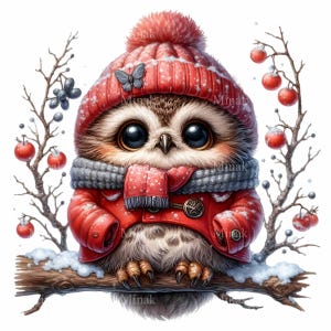 12 PNG mignon hibou hiver clipart, hibou de Noël en manteau rouge PNG, hibou en dessin animé avec bonnet et écharpe, décoration de vacances en bois