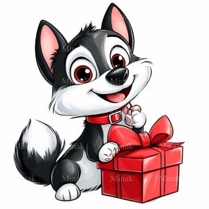 12 Gift puppy PNG – Cute cartoon dog with present clipart – Holiday pet art for Christmas cards, kids crafts, and party decor