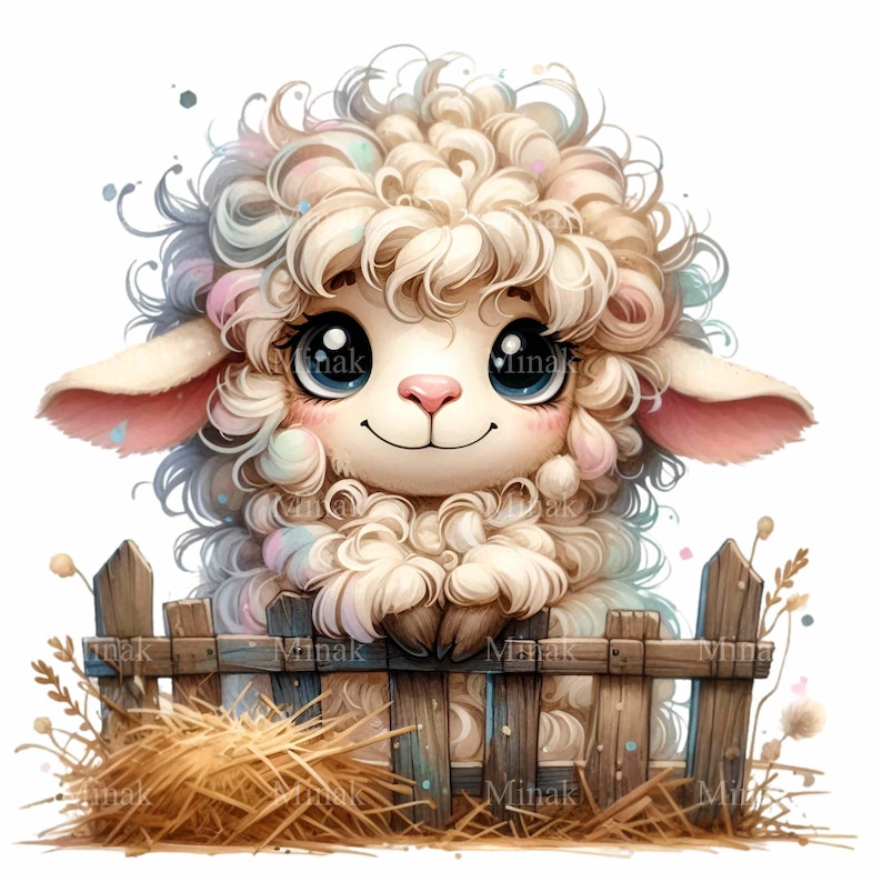 May include: A fluffy white lamb with blue eyes peeks over a wooden fence. The lamb has a pink nose and is smiling. The fence is made of brown wooden planks and has a hay bale at the bottom.