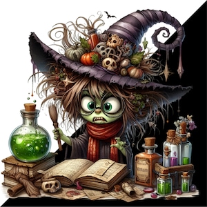 Cute Witch 15 PNG Funny Kids Halloween Illustration clipart, Sublimation Printable DIY Card Making image 7