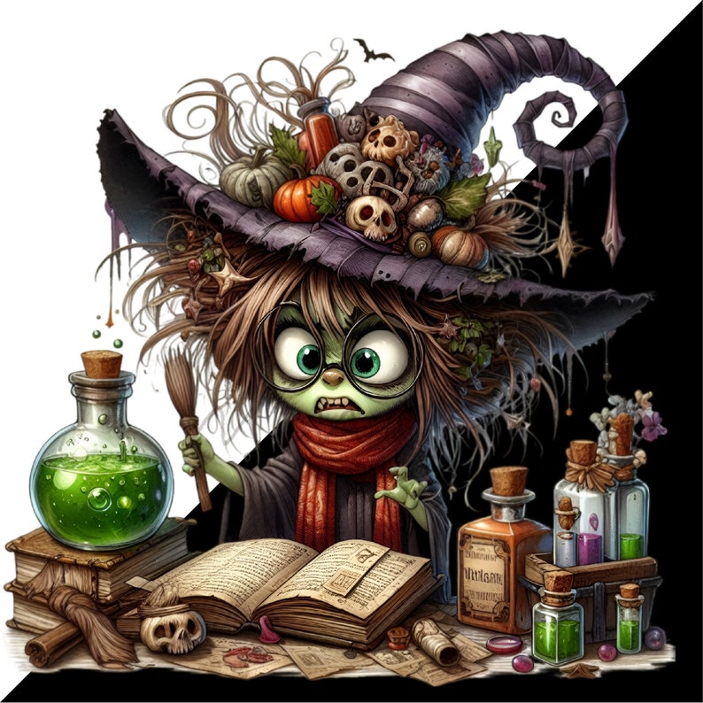 Cute Witch 15 PNG Funny Kids Halloween Illustration clipart, Sublimation Printable DIY Card Making image 7