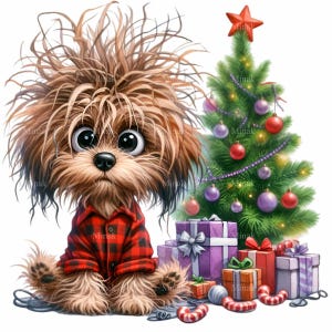 12 PNG Christmas dog clipart – messy hair pup PNG – cute festive dog with gifts and tree for holiday card designs