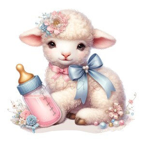 May include: A charming illustration of a lamb with fluffy white wool, adorned with a floral headpiece and a blue bow. A baby bottle filled with pink liquid rests beside the lamb. Delicate floral accents and pearls complete the design.