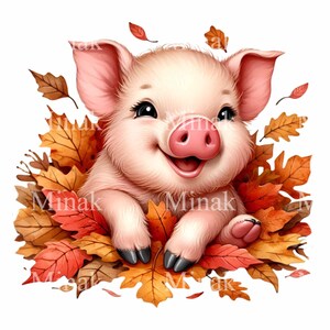 May include: A pink piglet with a happy expression is nestled in a pile of orange, red, and yellow autumn leaves.