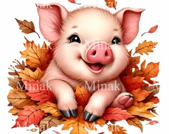 15 PNG Świnka Jesienne Liście, Jesienny Prosiaczek Clipart, Grafika Zwierzęca