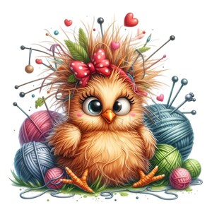 May include: A fluffy brown chick with a red polka dot bow sits surrounded by colorful yarn balls and pins.
