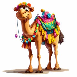 12 coloratissimi cartoni animati cammello PNG Clipart con sella e decorazioni festive, illustrazione del deserto stravagante