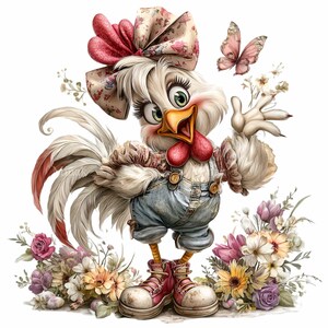 May include: A whimsical cartoon chicken wearing denim overalls, a floral bow, and red sneakers. The chicken is surrounded by flowers and a butterfly, with a friendly expression. The image has a bright, cheerful aesthetic.