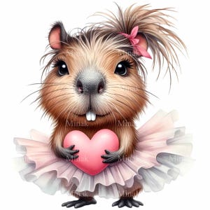 K&ouml;nnte beinhalten: Eine Cartoon-Illustration eines braunen und wei&szlig;en Nagetiers, das einen rosa Tutu tr&auml;gt und ein rosa Herz h&auml;lt. Das Nagetier hat eine rosa Schleife im Haar.