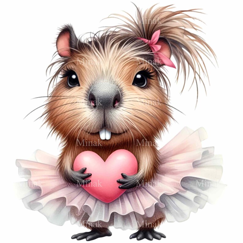 K&ouml;nnte beinhalten: Eine Cartoon-Illustration eines braunen und wei&szlig;en Nagetiers, das einen rosa Tutu tr&auml;gt und ein rosa Herz h&auml;lt. Das Nagetier hat eine rosa Schleife im Haar.
