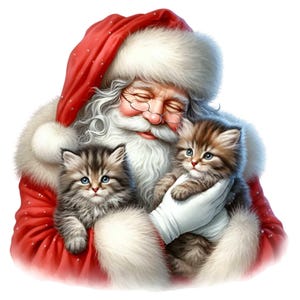 14 PNG Weihnachtsmann mit Kätzchen Clipart - Weihnachtskatze PNG - Niedliche Feiertags-Haustierkunst für Karten, Sublimationsprojekte und festliche Dekordesigns