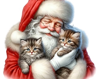14 Santa Claus With Kittens PNG, Holiday Art Christmas Feline Sublimation Design