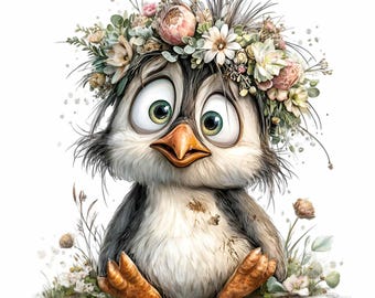 12 PNG Floral Penguin Baby Bird Clipart, Flower Crown Nursery