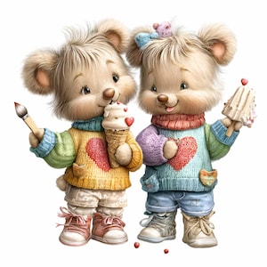 Puede incluir: Dos osos de dibujos animados, uno con un pincel y un helado, el otro con un polo. Ambos llevan suéteres con diseños de corazón y visten colores pastel. La imagen tiene una estética infantil y caprichosa.