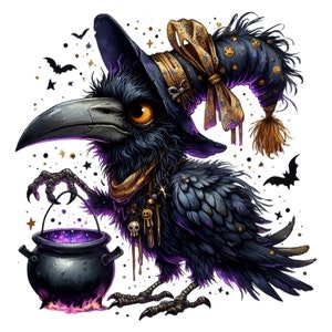 Corbeau magique en chapeau de sorcière avec chaudron 15 PNG, Clipart corbeau mystique, Illustration corbeau d'Halloween