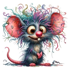 Funny Mouse Fluffy Hair, 10 PNG Crazy Quirky Animal Cartoon illustration clipart , Printable, Digital Downloads