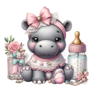 May include: A charming illustration of a baby hippo wearing a pink bow, headband, and dress. A baby bottle and a gift box with flowers are next to the hippo. The hippo is wearing a pink and white outfit with lace trim. The image has a soft, pastel color palette.