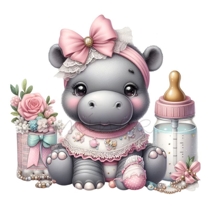 May include: A charming illustration of a baby hippo wearing a pink bow, headband, and dress. A baby bottle and a gift box with flowers are next to the hippo. The hippo is wearing a pink and white outfit with lace trim. The image has a soft, pastel color palette.