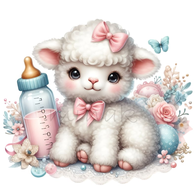 May include: A cute illustration of a fluffy white lamb with pink bows, a baby bottle filled with pink liquid, and floral accents. The lamb has large, dark eyes and is surrounded by pastel-colored flowers and a blue butterfly. The overall theme is baby and nursery.