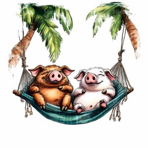 16 Cerdos tropicales PNG – Cerdos relajantes en hamacas – Arte de animales de granja de verano para manualidades de vacaciones y decoración de playa