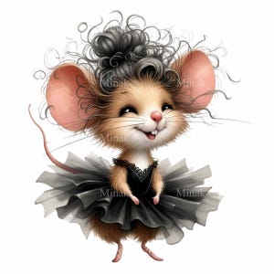 12 cliparts PNG souris ballerine, jolie souris dansante en tutu noir, art numérique animal de ballet, illustration de danse fantaisiste