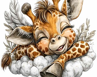 14 Schlafende Giraffenwolken (PNG), Verträumte Kinderzimmer-Sublimations-Safari-Babykunstdatei