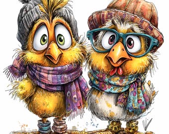 12 Winterküken mit Brillen (PNG), lustiges Schal-Hut-Duo, Sublimations-Vogelkunstdatei