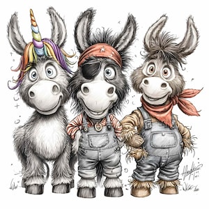 14 PNG Costume animal – Donkey PNG clipart – Funny farm characters for kids party decor, wall art, birthday cards and printables