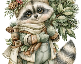 15 PNG Christmas Raccoon Winter Clipart, Watercolor Holiday Art
