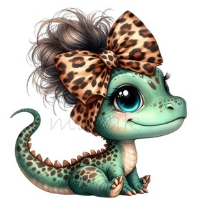 Dinosaurie-clip art, 10 PNG-kladdig bulle, dinosaurieflicka-clipart, rolig djur-clipart, utskrivbar leopardmönster-rosett för barnrum, DIY-korttillverkning bild 4