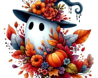 18 PNG Witch Ghost Clipart, Autumn Floral Pumpkin Halloween