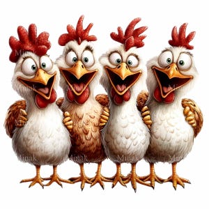 12 divertenti polli PNG Clipart - Gruppo eccentrico di galline dei cartoni animati Illustrazione digitale per progetti creativi e decorazioni agricole