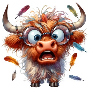 Lustige Kuh Clipart, 12 PNG Niedliche Comics Highland Kuh Baby Nursery Sublimation, neutrale Farben Kartenherstellung, Babyparty, Geschenkkarte